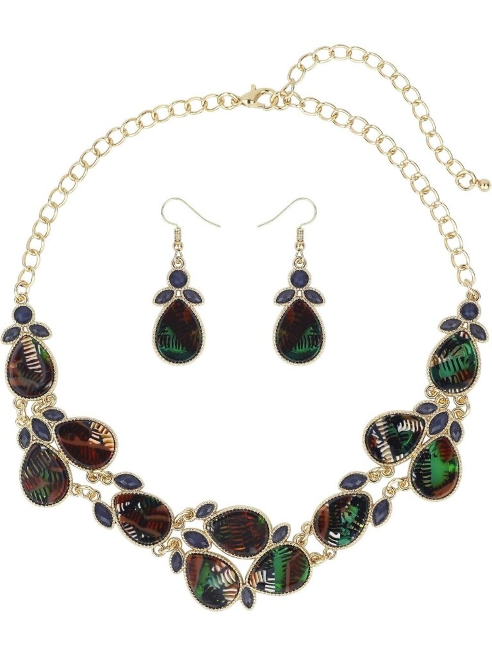 Women's Black Green Water Drop Collar Necklace Earrings Set Statement Jewelry